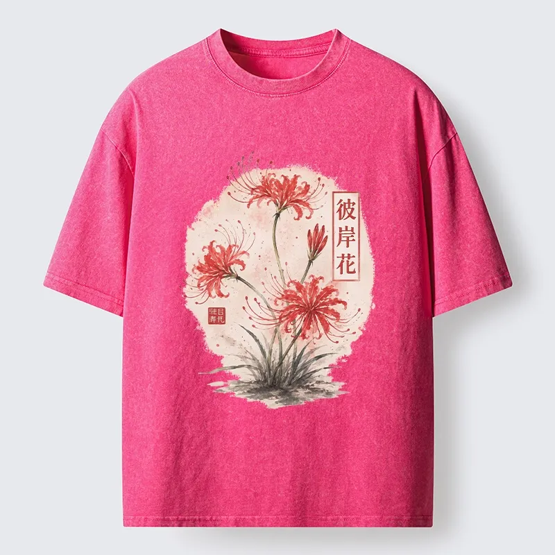 Tokyo-Tiger Red Spider Lily Watercolor Painting Washed T-Shirt
