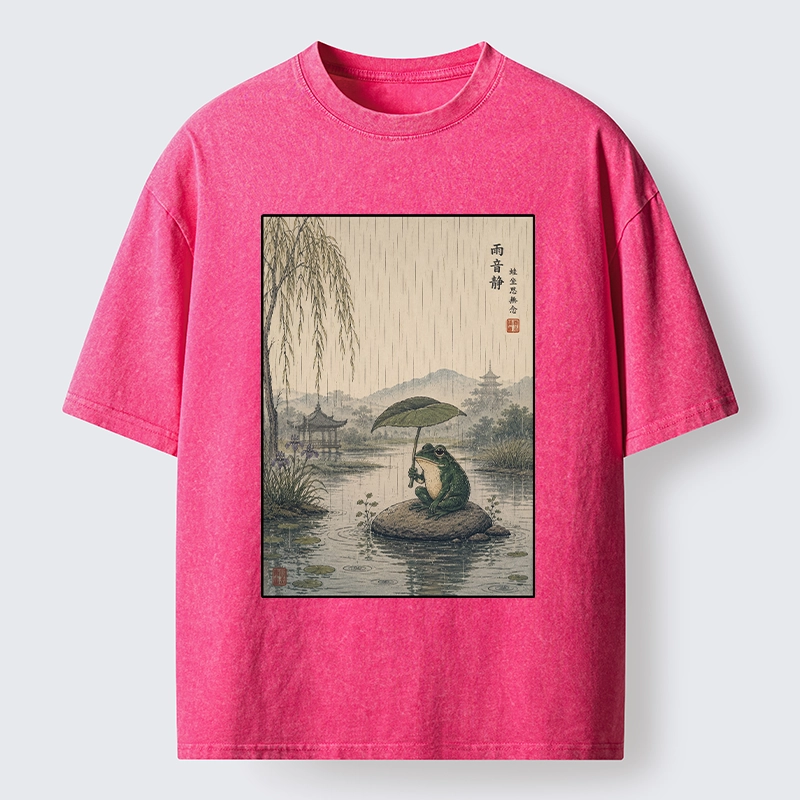 Tokyo-Tiger Frog Holding Lotus Leaf In The Rain Washed T-Shirt
