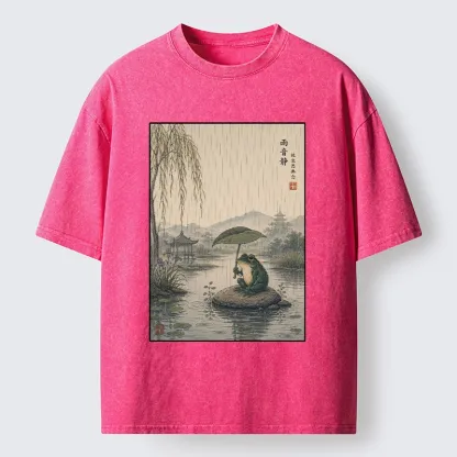 Tokyo-Tiger Frog Holding Lotus Leaf In The Rain Washed T-Shirt
