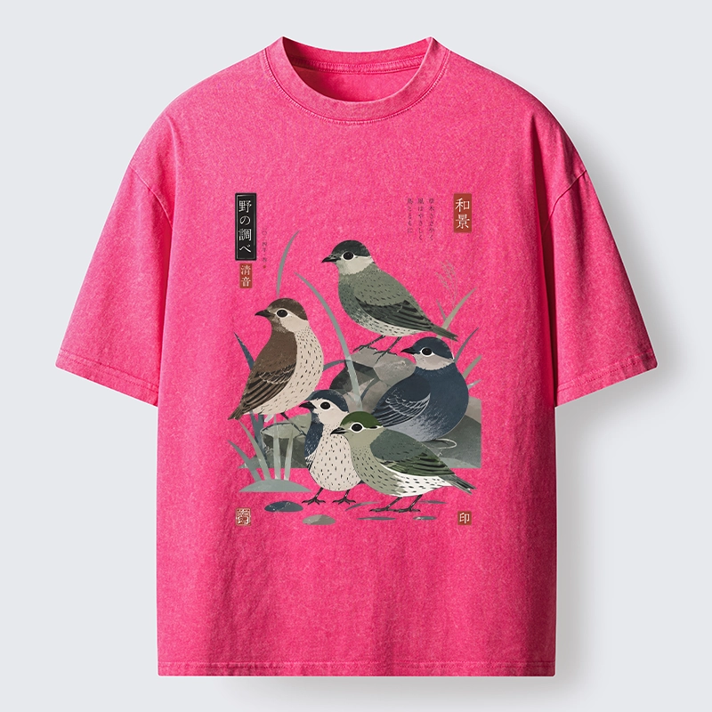 Tokyo-Tiger Cute Little Birds Japanese Folk Print Washed T-Shirt