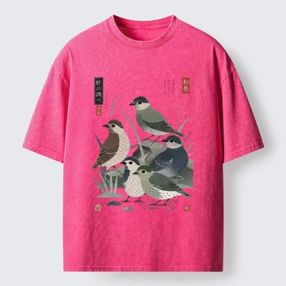 Tokyo-Tiger Cute Little Birds Japanese Folk Print Washed T-Shirt
