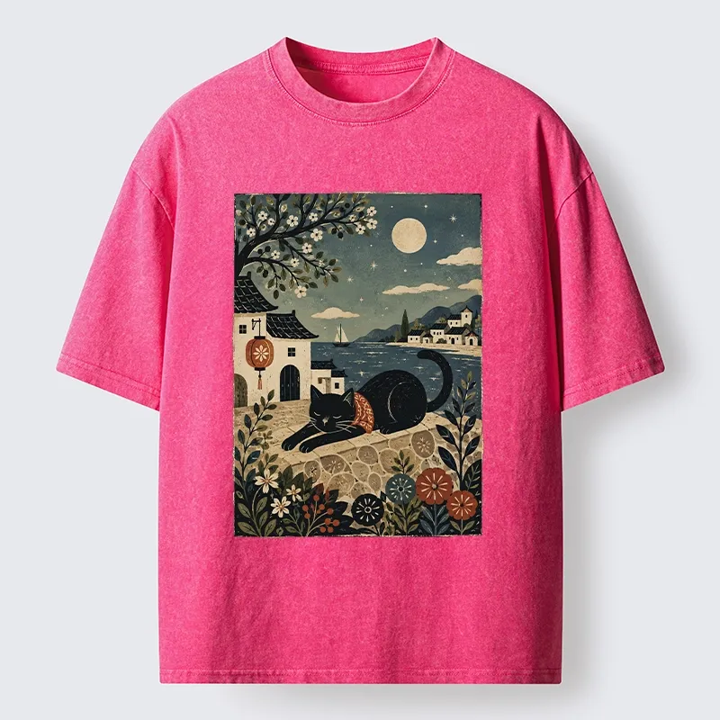 Tokyo-Tiger Sleepy Cat In A Coastal Town Washed T-Shirt