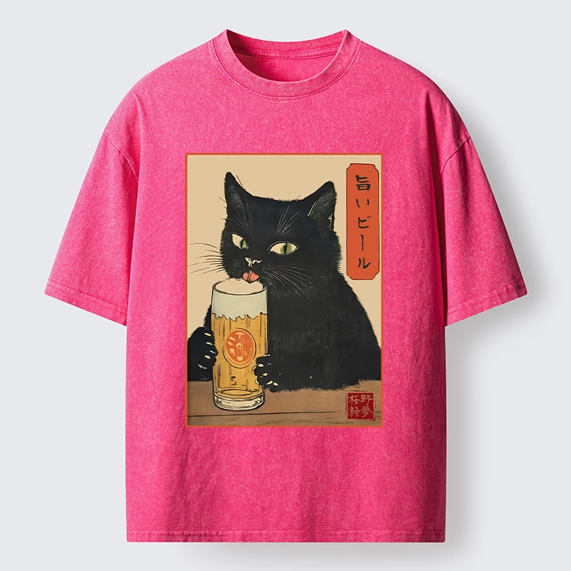 Tokyo-Tiger Cat Holding A Glass Of Beer Washed T-Shirt
