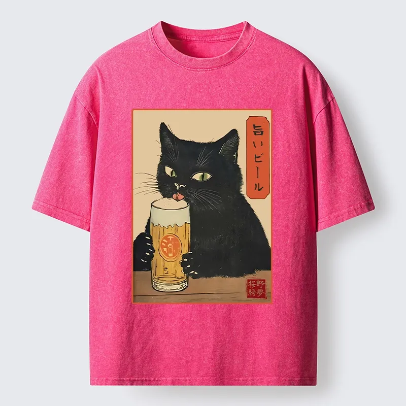Tokyo-Tiger Cat Holding A Glass Of Beer Washed T-Shirt