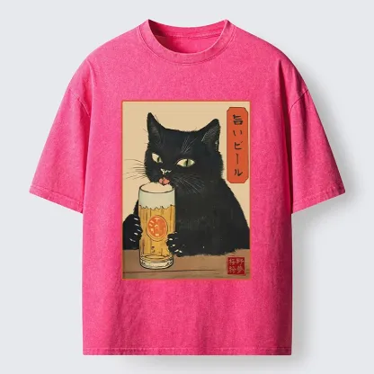 Tokyo-Tiger Cat Holding A Glass Of Beer Washed T-Shirt
