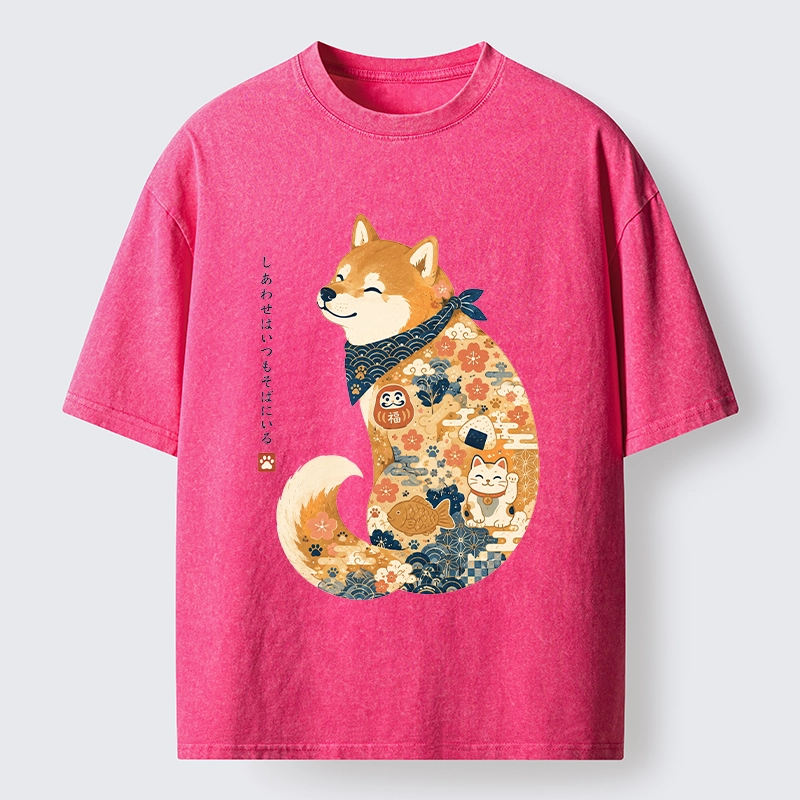 Tokyo-Tiger Cute Shiba Inu Wearing Traditional Kimono Washed T-Shirt