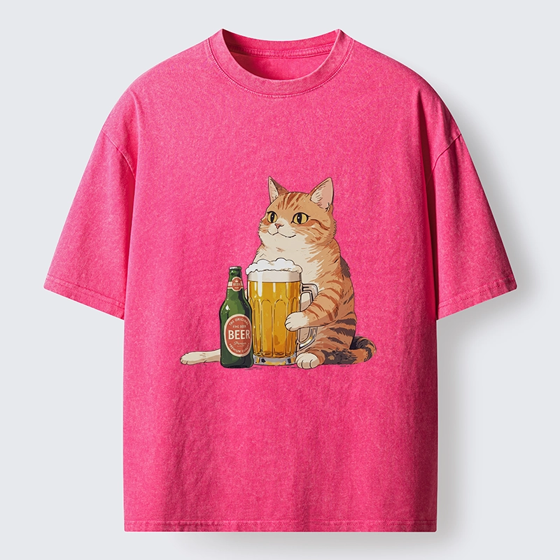 Tokyo-Tiger Funny Beer Cat After Work Washed T-Shirt
