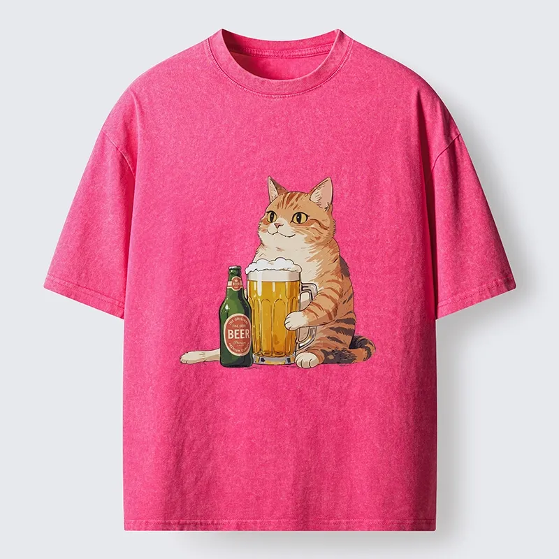 Tokyo-Tiger Funny Beer Cat After Work Washed T-Shirt