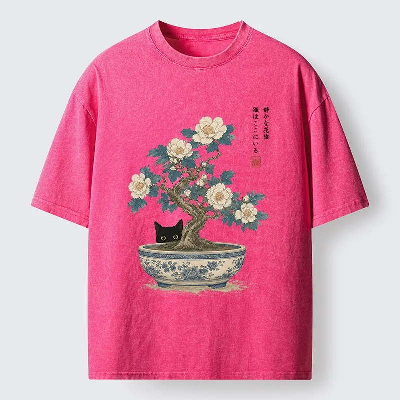Tokyo-Tiger Black Cat Hiding In The Bonsai Washed T-Shirt