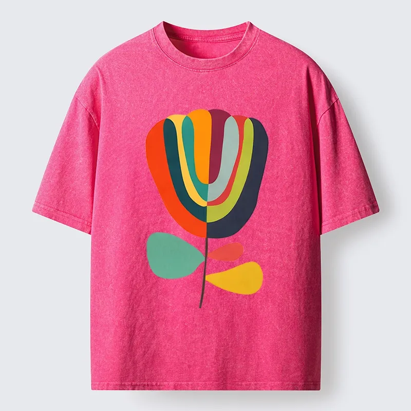 Tokyo-Tiger Colorful Flower Minimalist Print Washed T-Shirt