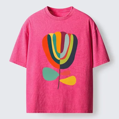 Tokyo-Tiger Colorful Flower Minimalist Print Washed T-Shirt
