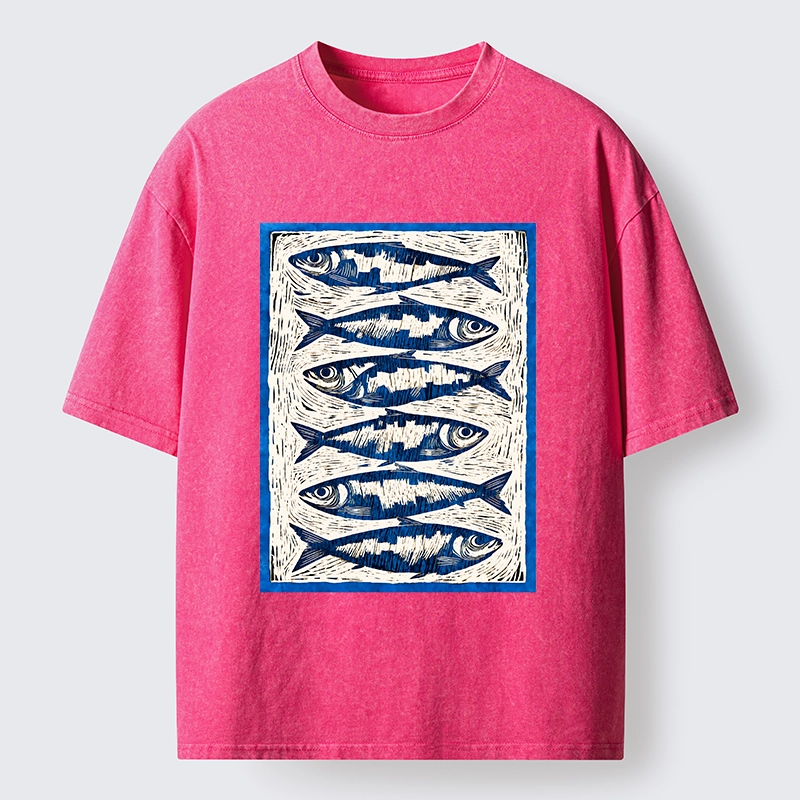 Tokyo-Tiger Vintage Block Print Ocean Fish Washed T-Shirt