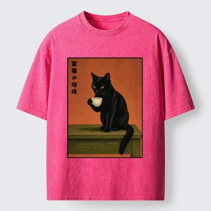 Tokyo-Tiger Retro Art Cat Sips Warm Coffee Washed T-Shirt