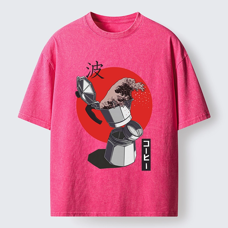 Tokyo-Tiger Coffee Wave Pours From Moka Pot Washed T-Shirt