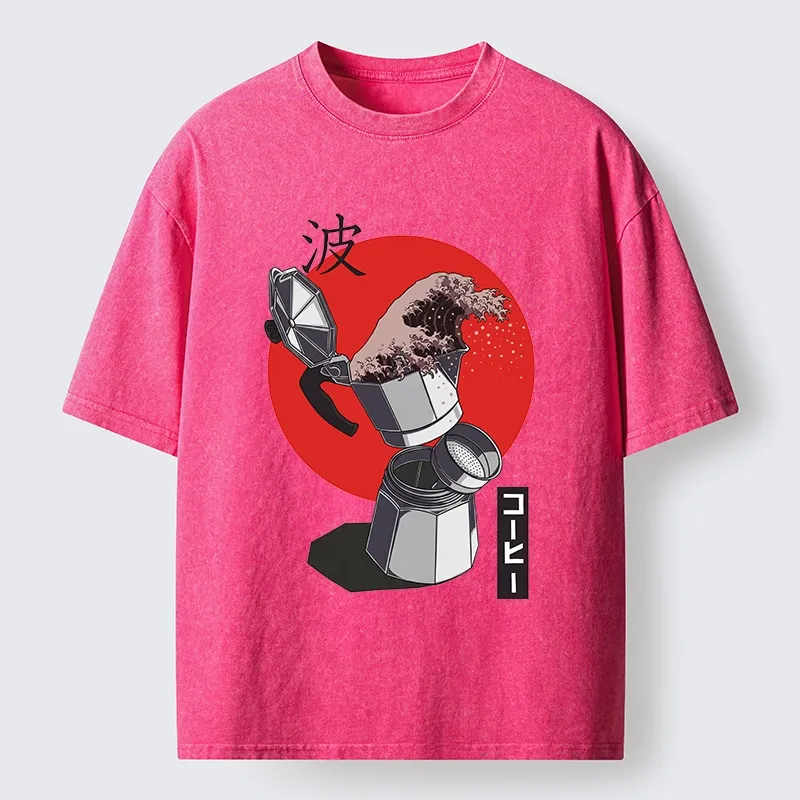 Tokyo-Tiger Coffee Wave Pours From Moka Pot Washed T-Shirt