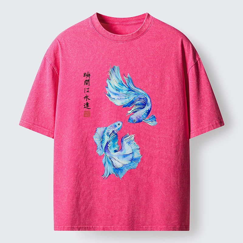Tokyo-Tiger Japanese Watercolor Pair Betta Fish Washed T-Shirt