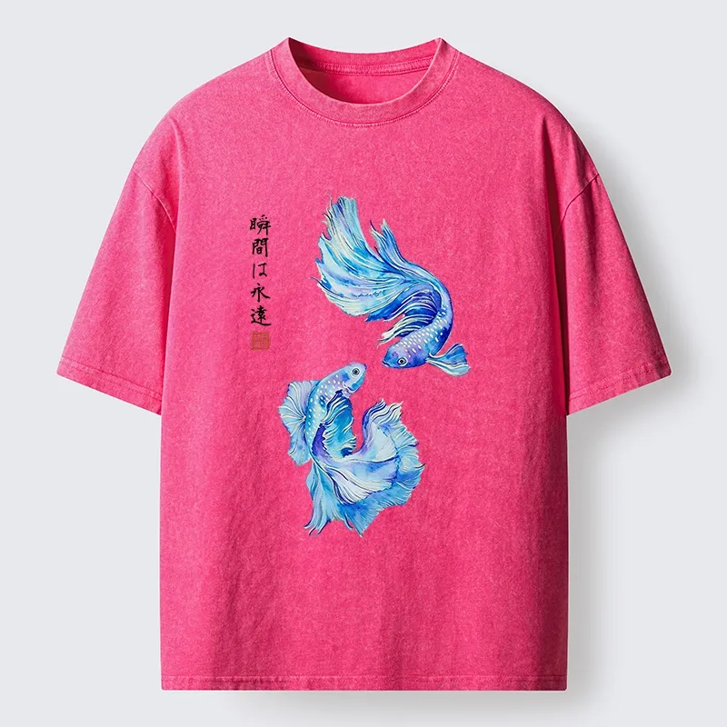 Tokyo-Tiger Japanese Watercolor Pair Betta Fish Washed T-Shirt