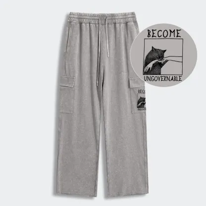 Tokyo-Tiger Cat Biting Arm Washed Utility Sweatpants