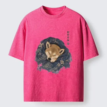 Tokyo-Tiger Sleepy Shiba Hides In Warm Quilt Washed T-Shirt