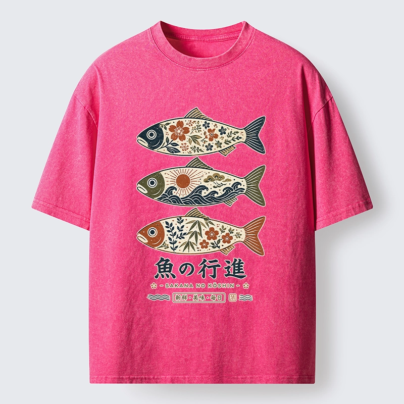 Tokyo-Tiger Sakura Waves Decorate Three Fish Washed T-Shirt