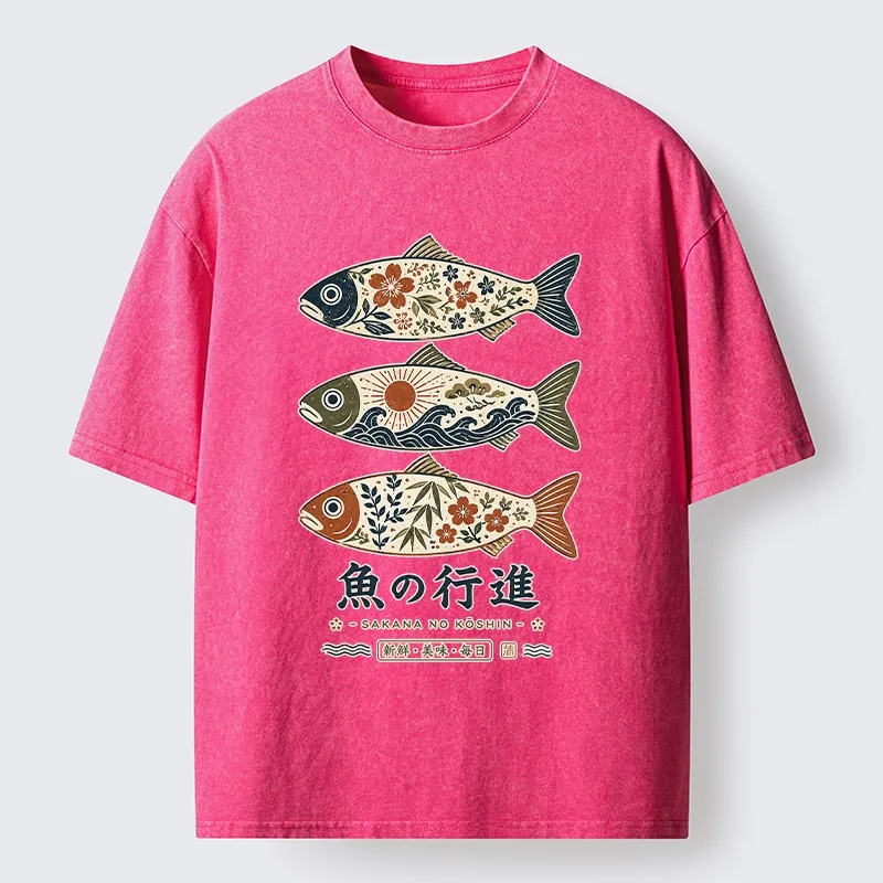 Tokyo-Tiger Sakura Waves Decorate Three Fish Washed T-Shirt