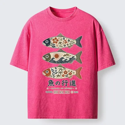 Tokyo-Tiger Sakura Waves Decorate Three Fish Washed T-Shirt