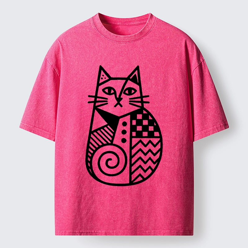 Tokyo-Tiger Simple Folk Art Patterned Cat Washed T-Shirt