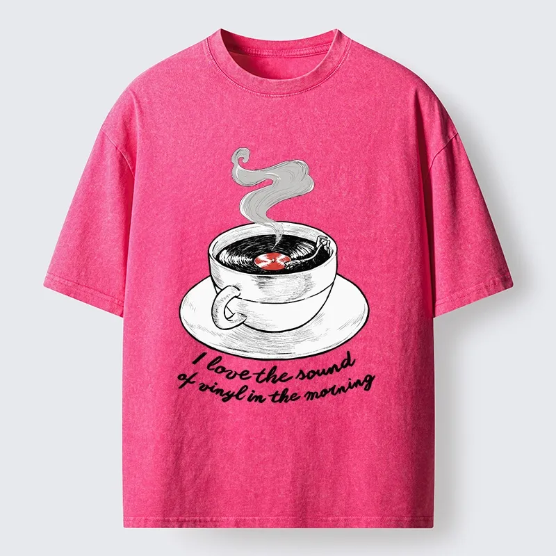 Tokyo-Tiger Coffee Cup Holds Spinning Vinyl Record Washed T-Shirt