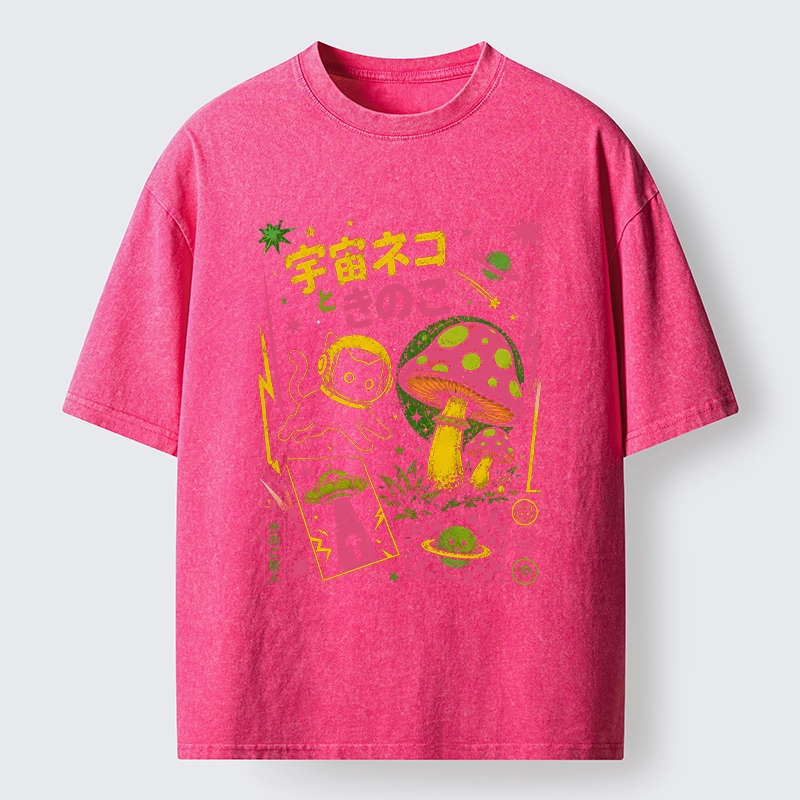 Tokyo-Tiger Space Cat And Magic Mushrooms Washed T-Shirt