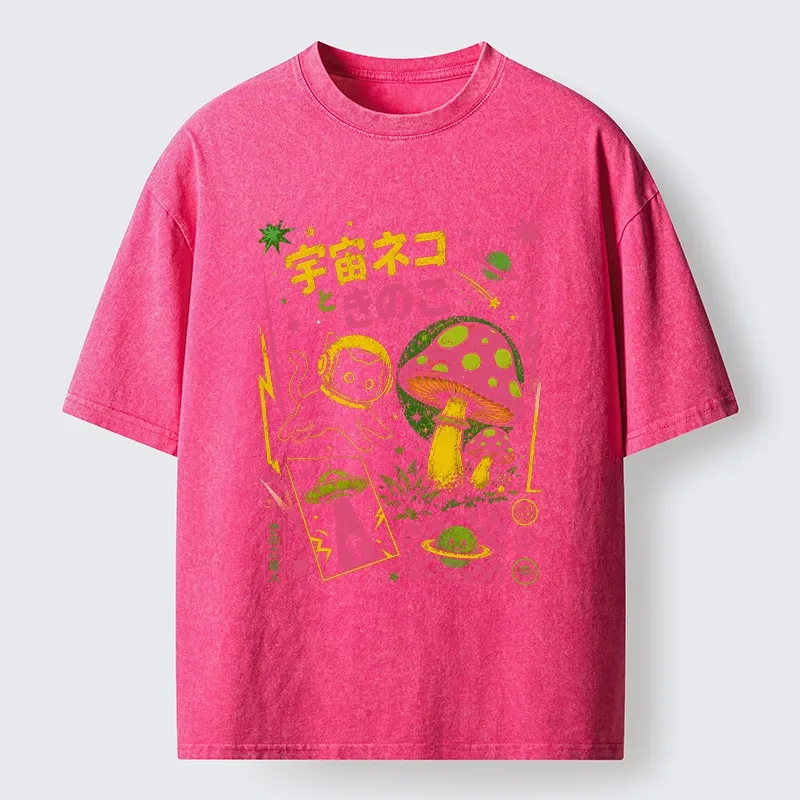 Tokyo-Tiger Space Cat And Magic Mushrooms Washed T-Shirt