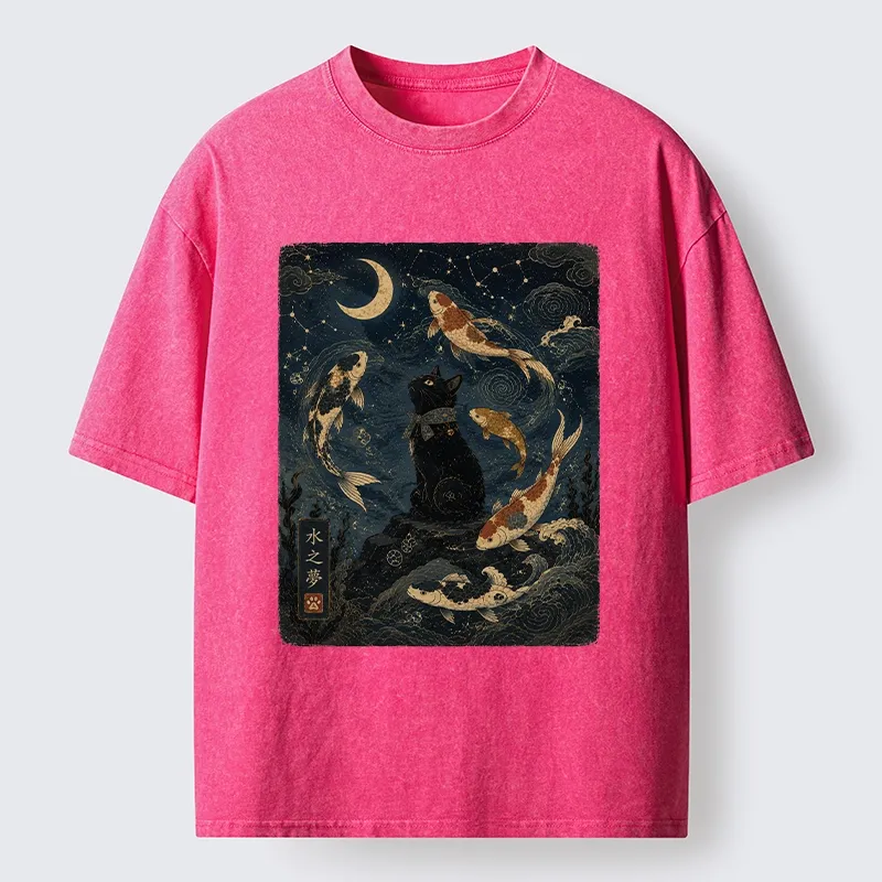 Tokyo-Tiger Black Cat And Koi Fish Washed T-Shirt
