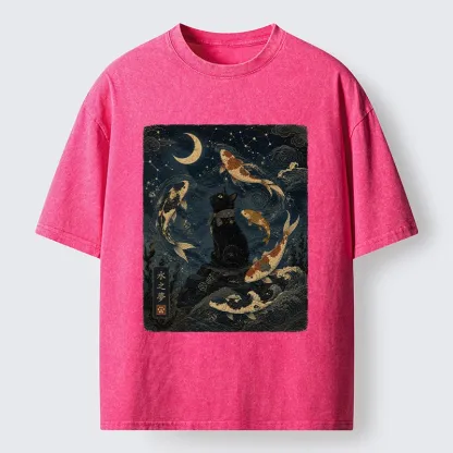 Tokyo-Tiger Black Cat And Koi Fish Washed T-Shirt