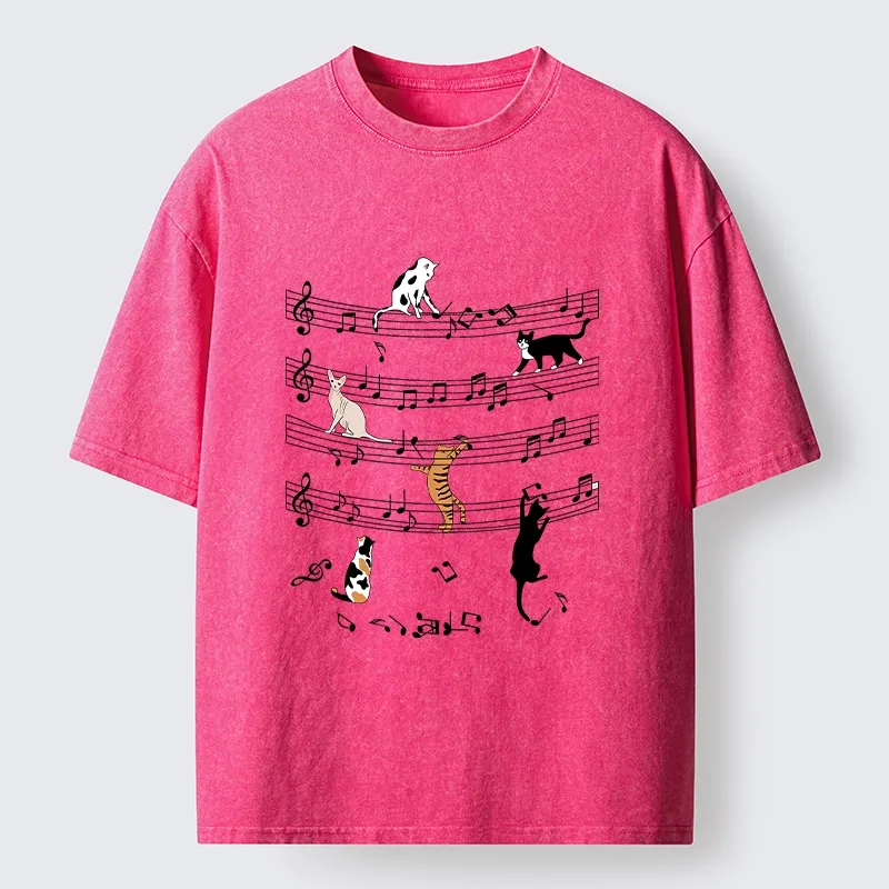 Tokyo-Tiger Cats On Musical Notes Washed T-Shirt