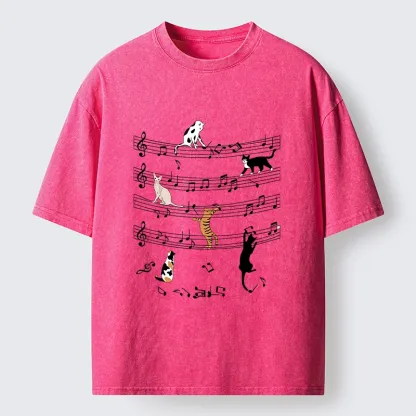 Tokyo-Tiger Cats On Musical Notes Washed T-Shirt
