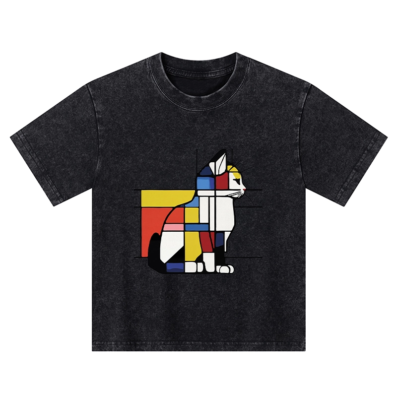 Tokyo-Tiger Geometric Cat Art In Primary Colors Kids Washed T-Shirt