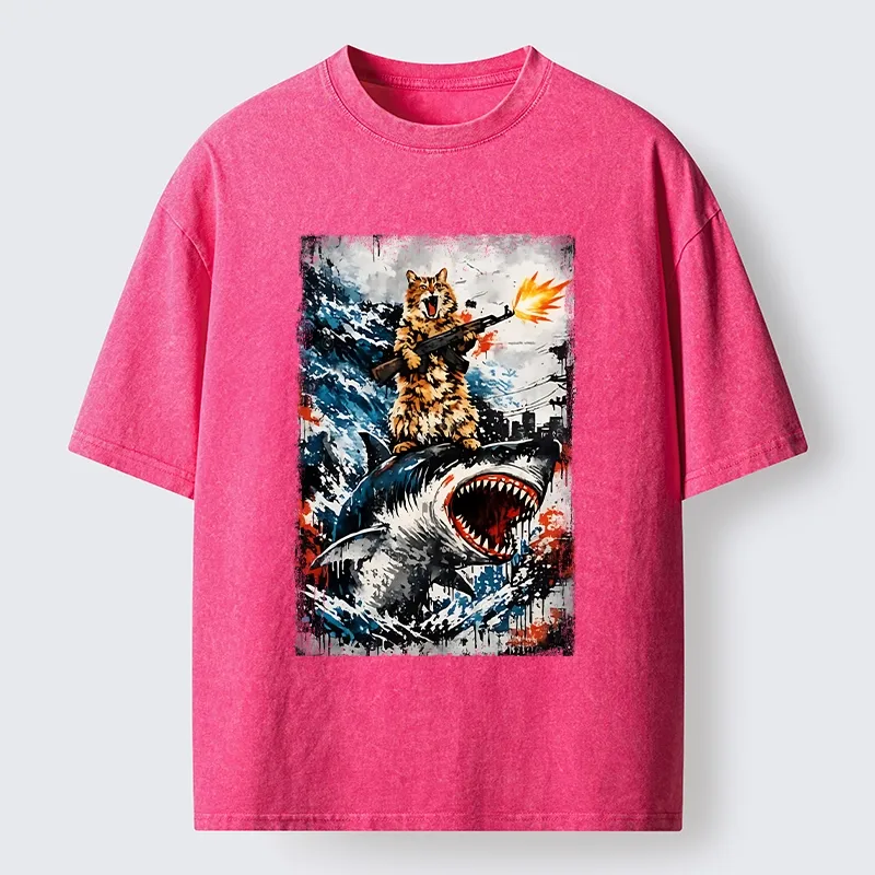 Tokyo-Tiger Cat Riding A Shark With A Gun Washed T-Shirt