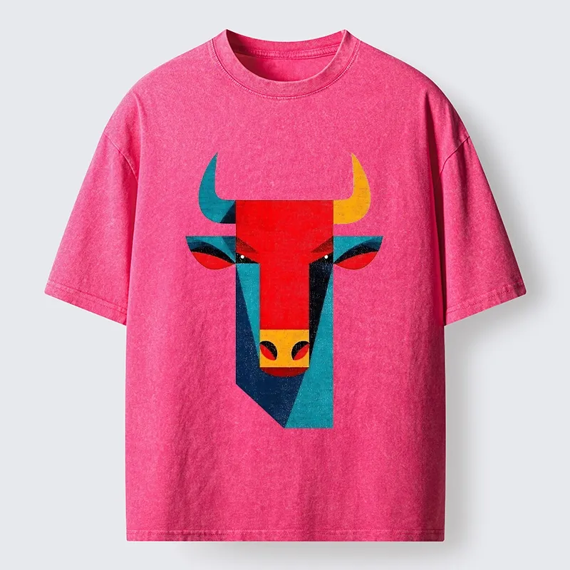 Tokyo-Tiger Geometric Bull Head Art Washed T-Shirt
