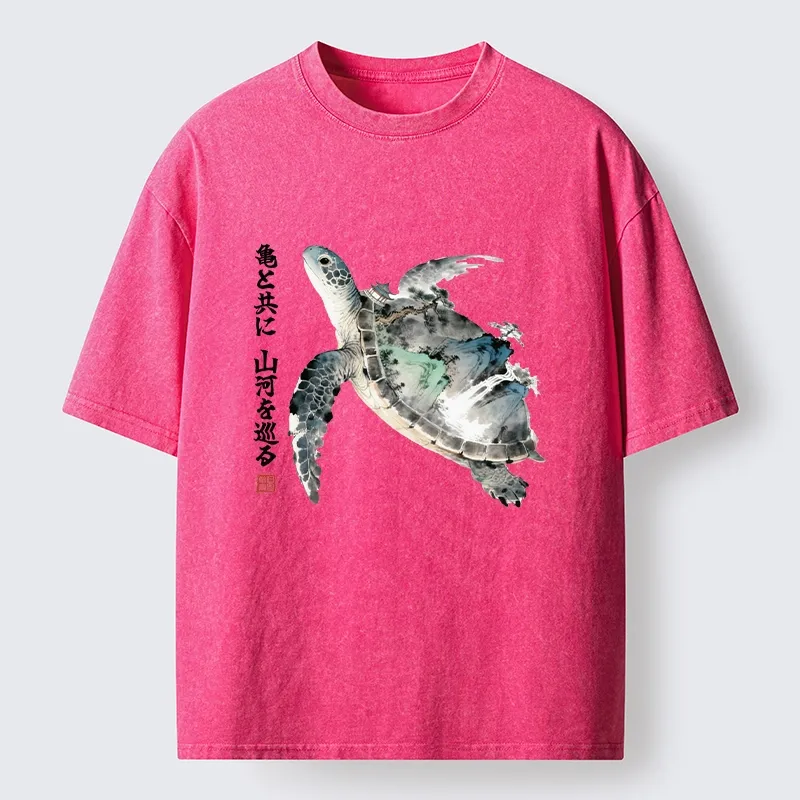 Tokyo-Tiger Ink Wash Sea Turtle Art Washed T-Shirt
