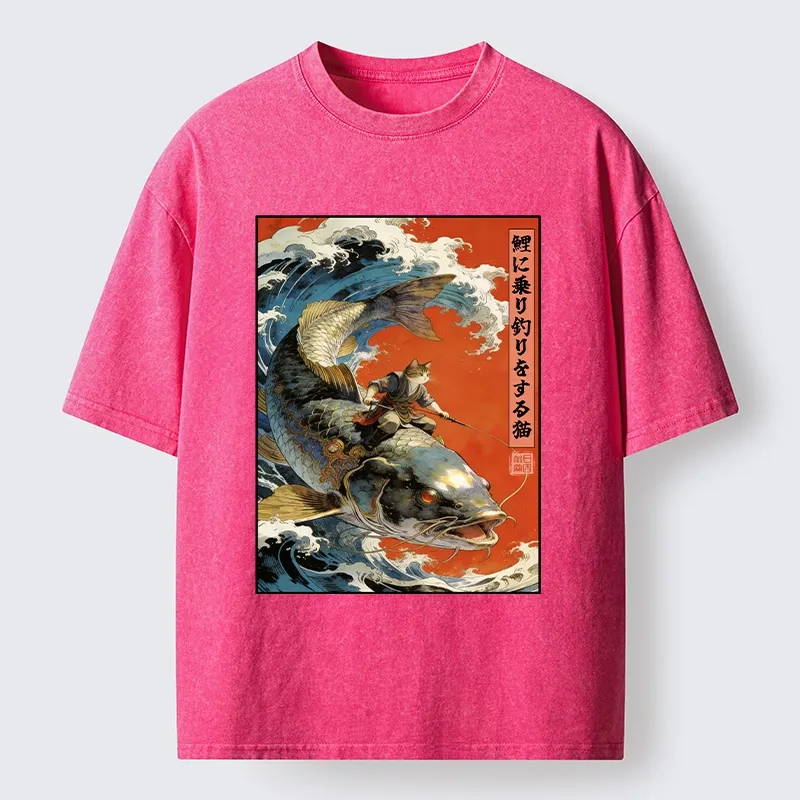 Tokyo-Tiger Ukiyo E Cat Fishing Art Washed T-Shirt
