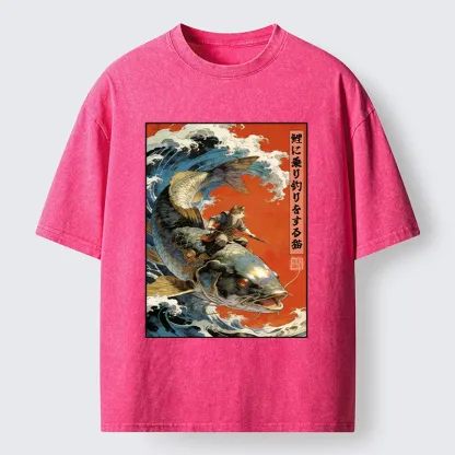 Tokyo-Tiger Ukiyo E Cat Fishing Art Washed T-Shirt