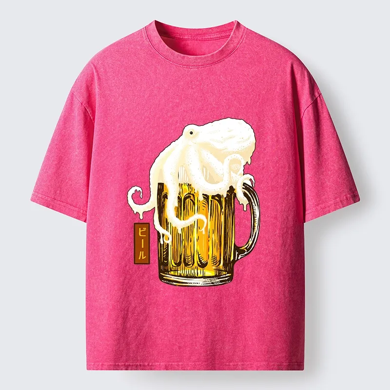 Tokyo-Tiger Octopus Foam On Cold Beer Mug Washed T-Shirt