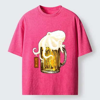 Tokyo-Tiger Octopus Foam On Cold Beer Mug Washed T-Shirt