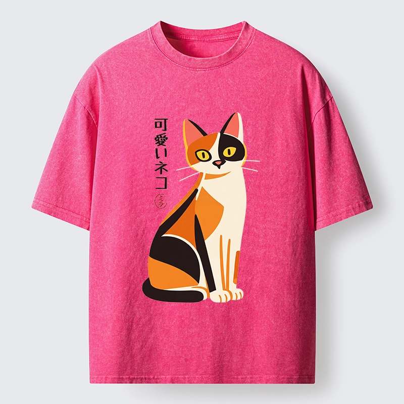 Tokyo-Tiger Cute Calico Cat Japanese Minimal Art Washed T-Shirt