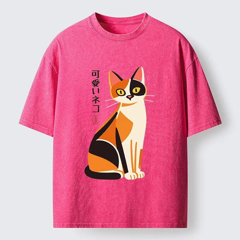 Tokyo-Tiger Cute Calico Cat Japanese Minimal Art Washed T-Shirt