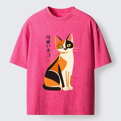 Tokyo-Tiger Cute Calico Cat Japanese Minimal Art Washed T-Shirt