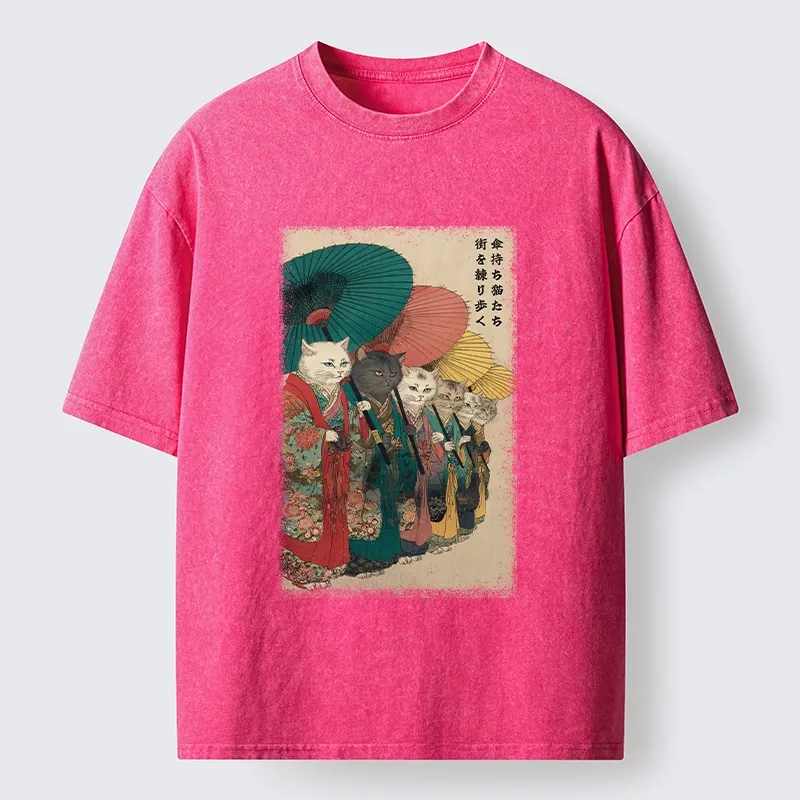 Tokyo-Tiger Kimono Cats Walk With Colorful Umbrellas Washed T-Shirt