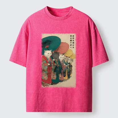 Tokyo-Tiger Kimono Cats Walk With Colorful Umbrellas Washed T-Shirt