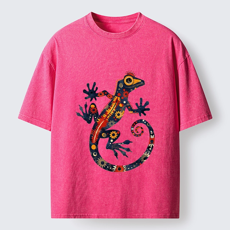 Tokyo-Tiger Colorful Folk Art Gecko Full Of Flowers Washed T-Shirt