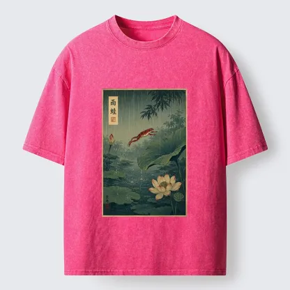 Tokyo-Tiger Vintage Asian Frog Jump Over Lotus Leaf Washed T-Shirt
