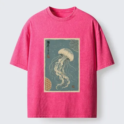 Tokyo-Tiger Vintage Blue Jellyfish Underwater Art Washed T-Shirt